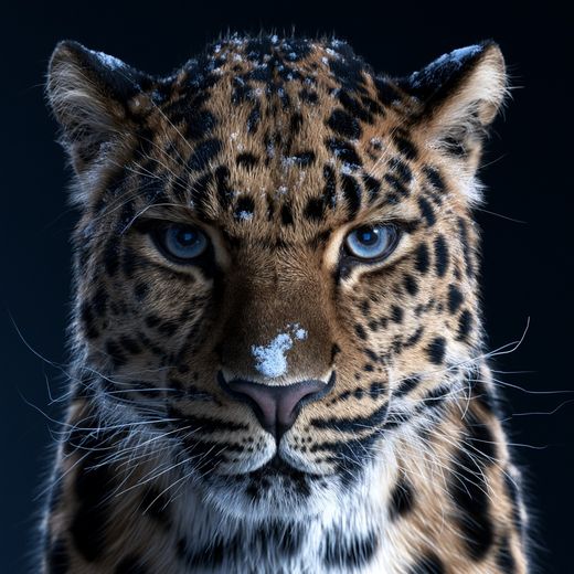 Amur leopard face on, with snow on its forehead and muzzle, showing widely spaced rosettes with thick black rings.