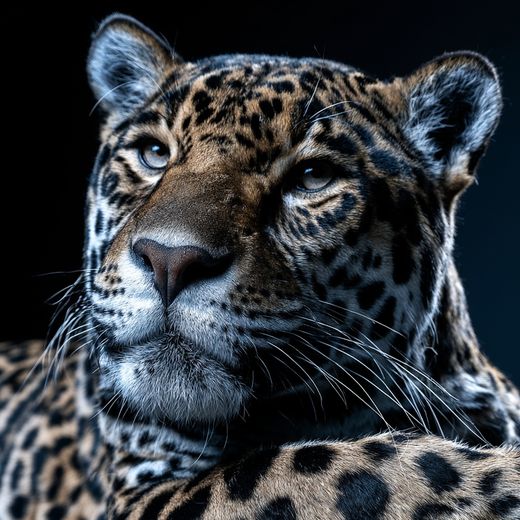 Close portrait of a jaguar looking upward, showing rosettes with small dark spots inside each broken ring.