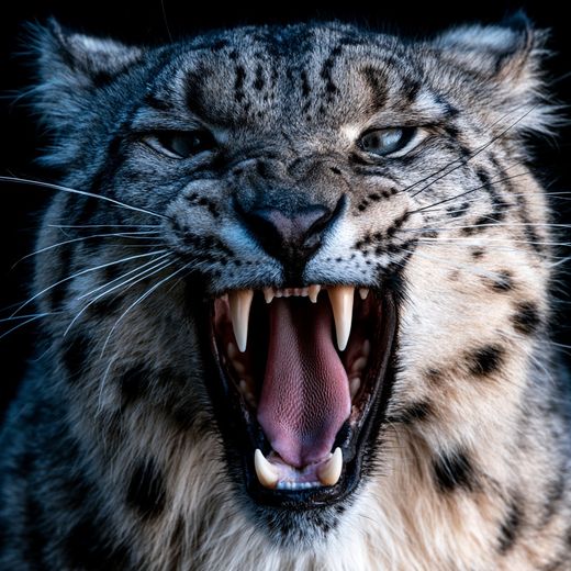 Snow leopard with its mouth open, showing long canine teeth, pale dense fur and faint smoky rosettes.